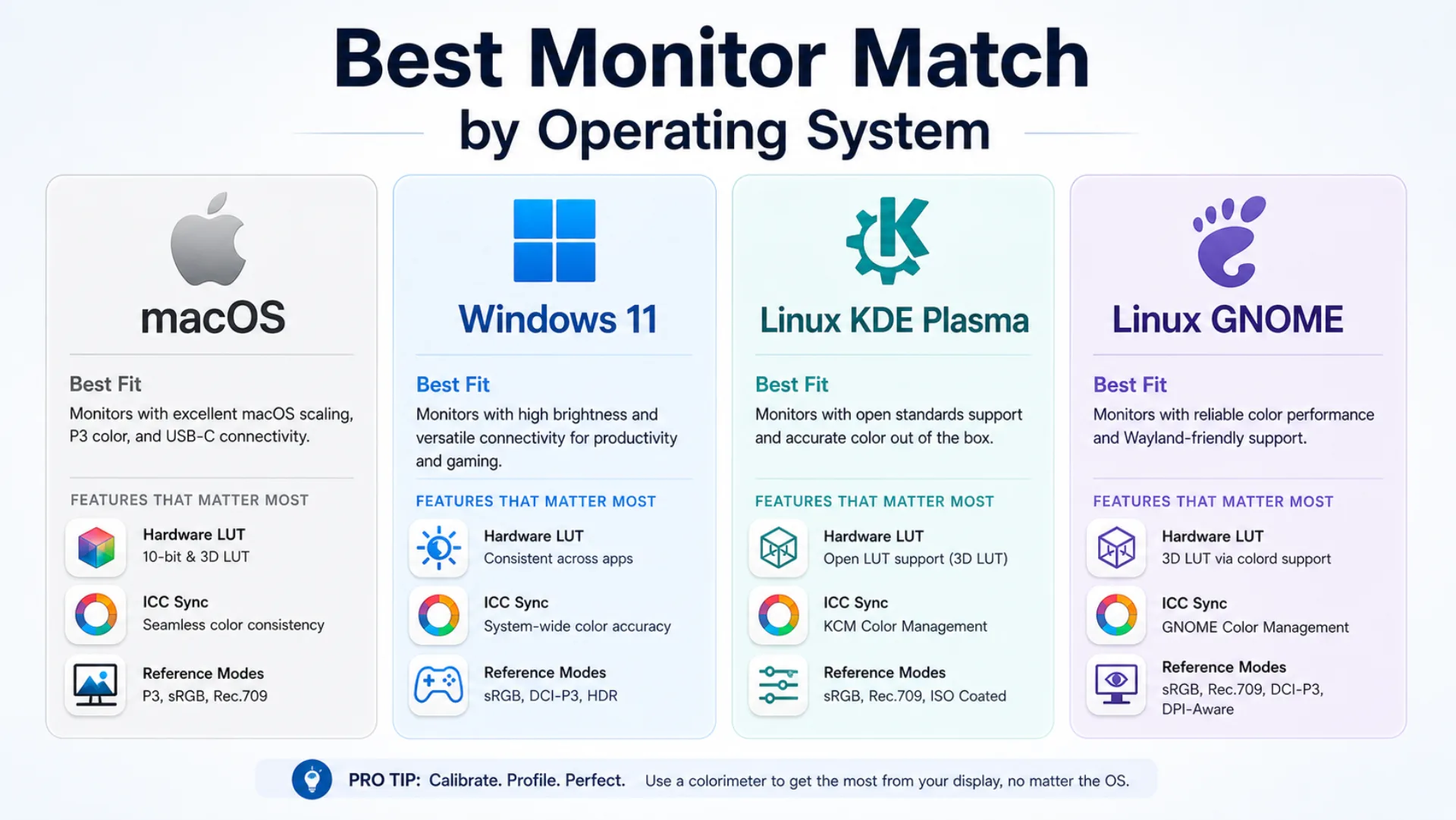 Best monitor match by operating system — macOS, Windows 11, Linux KDE Plasma, Linux GNOME — with hardware LUT, ICC sync, and reference modes
